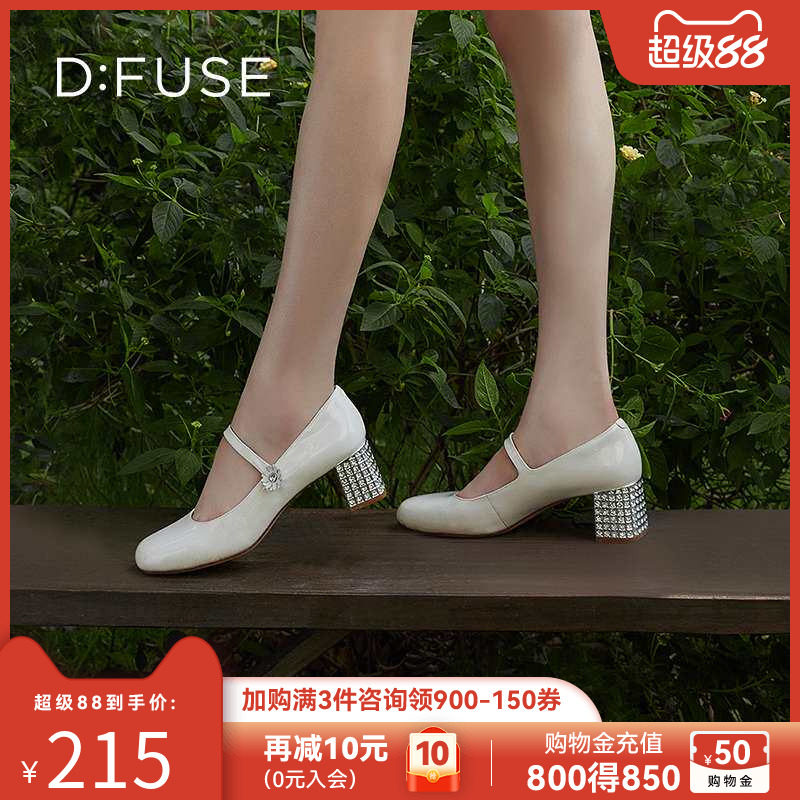 DFuse夏季新款漆皮圆头水晶玛丽珍单鞋女粗跟高跟鞋DF31111024