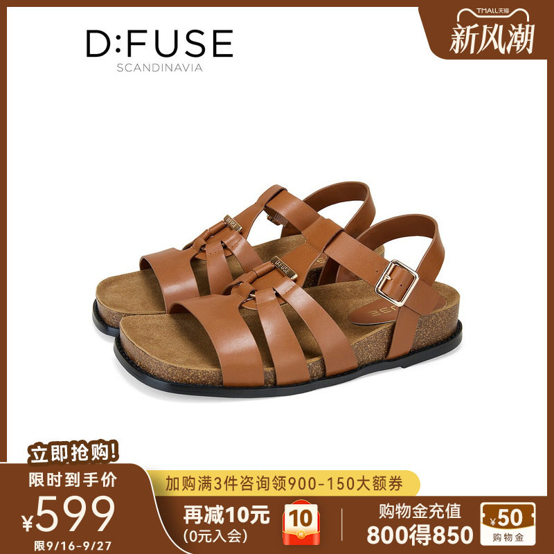 D：Fuse/迪芙斯夏季新款舒适镂空罗马凉鞋女平底搭扣休闲鞋