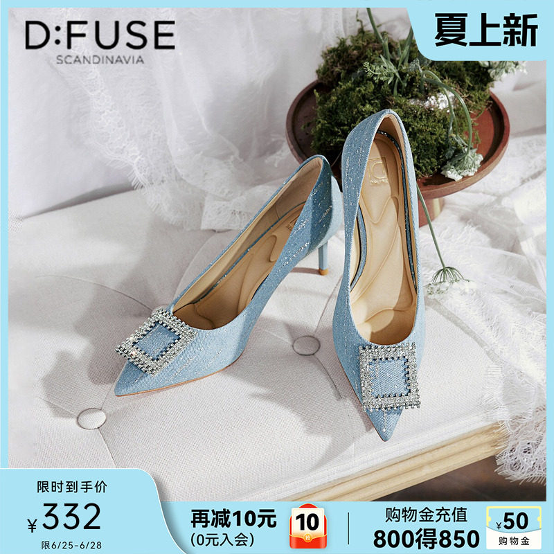 Dfuse春夏新款牛仔布凉鞋通勤钻扣细小香风高跟鞋DF41111054