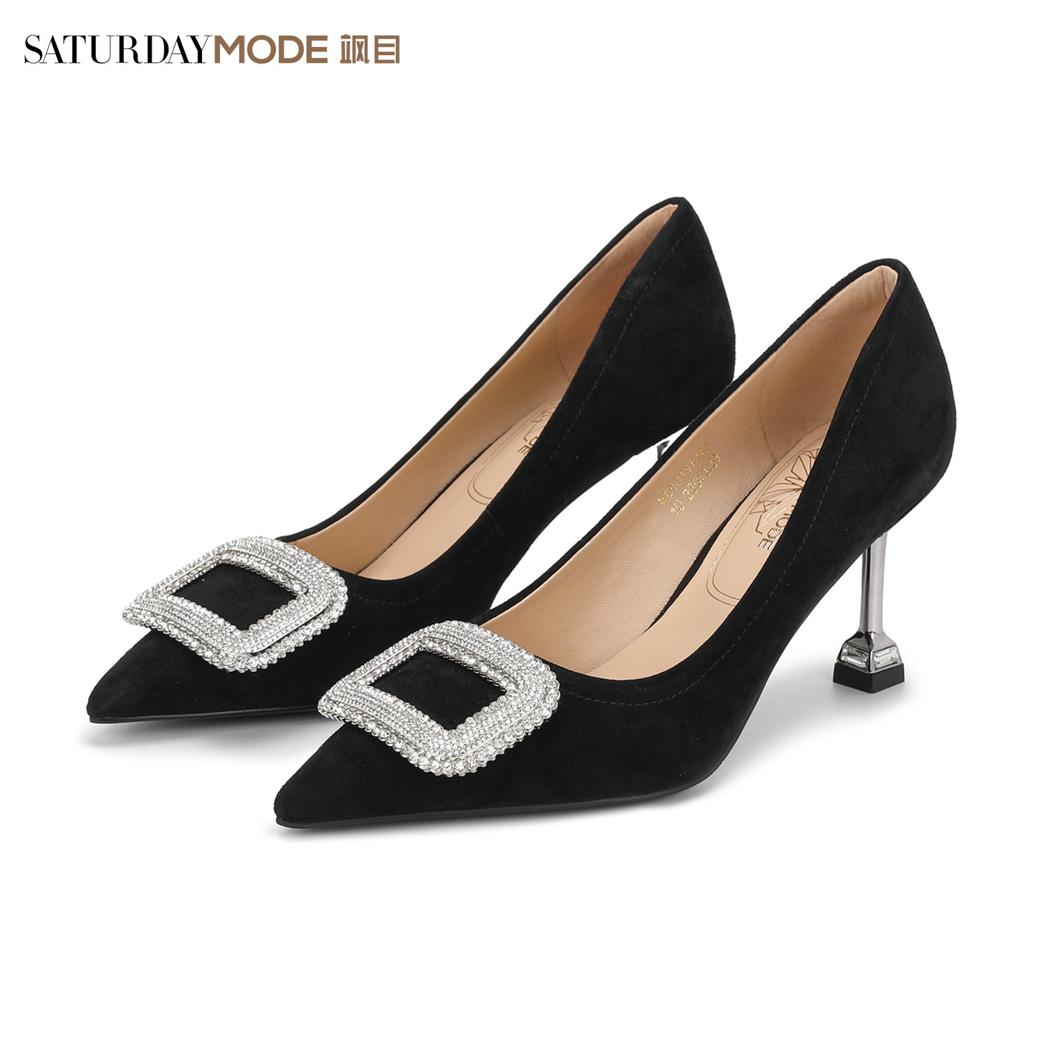 黑色气质高跟鞋女款绒面羊皮职业不累脚鞋子尖头细跟方扣水钻单鞋