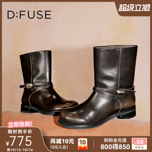 D：Fuse/迪芙斯复古风冬季新款皮带扣骑士靴女机车靴粗跟显瘦