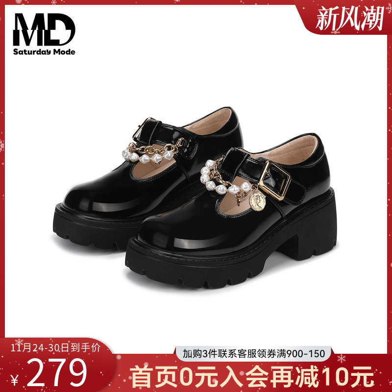 粗跟玛丽珍珍珠圆头厚底增高单鞋