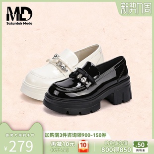 saturdaymode学院风乐福鞋女2026春季新款圆头粗跟厚底水钻小皮鞋
