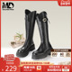 MD女靴冬季 新款 长靴女V口饰扣骑士靴厚底增高显瘦黑色长筒弹力靴
