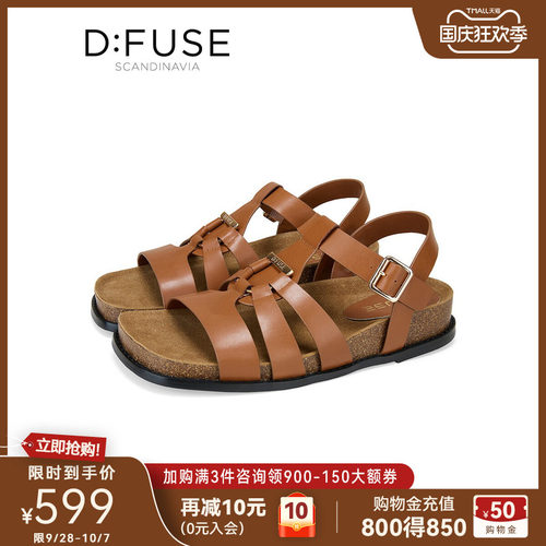 D：Fuse/迪芙斯夏季新款舒适镂空罗马凉鞋女平底搭扣休闲鞋