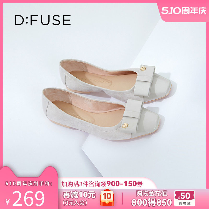 DFuse夏季新款方头绒面蝴蝶结蛋卷鞋单鞋温柔平底鞋女DF33111003