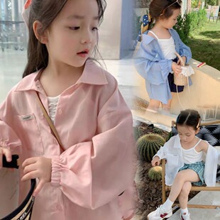 女童防晒衣女款2023新款洋气衬衫夏装长袖法式简约薄款长款白色男
