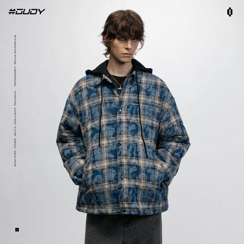 OVDY官方美式复古格子棉服男女冬季可拆卸帽子翻领外套宽松潮牌