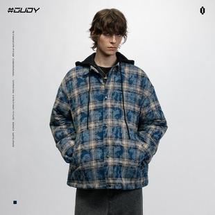 OVDY官方美式 可拆卸帽子翻领外套宽松潮牌 复古格子棉服男女冬季