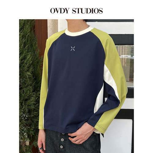 OVDY拼接撞色运动简约长袖T恤