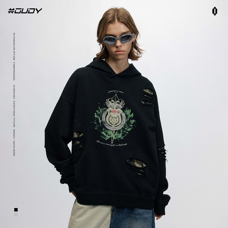 OVDY做旧破洞重磅卫衣男连帽衫