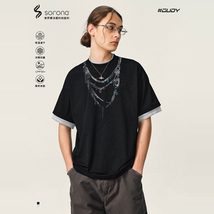 OVDY官方美式 男潮牌小众锁链印花索罗娜凉感t恤夏 街头双层领短袖