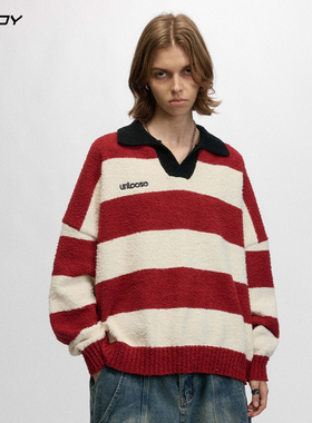 OVDY陈浚铭同款撞色条纹毛衣女秋冬季宽松翻领polo领针织衫情侣