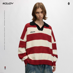 OVDY陈浚铭同款撞色条纹毛衣女秋冬季宽松翻领polo领针织衫情侣