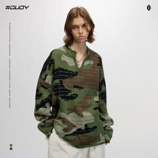 OVDY官方美式复古V领短款毛衣男女宽松秋冬季慵懒风迷彩针织衫潮