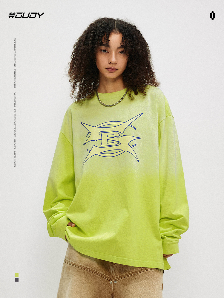 OVDY美式复古洗褪荧光绿长袖t恤