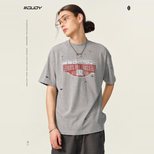 OVDY官方复古做旧破洞短袖 印花情侣上衣夏 T恤男女ins潮牌宽松美式