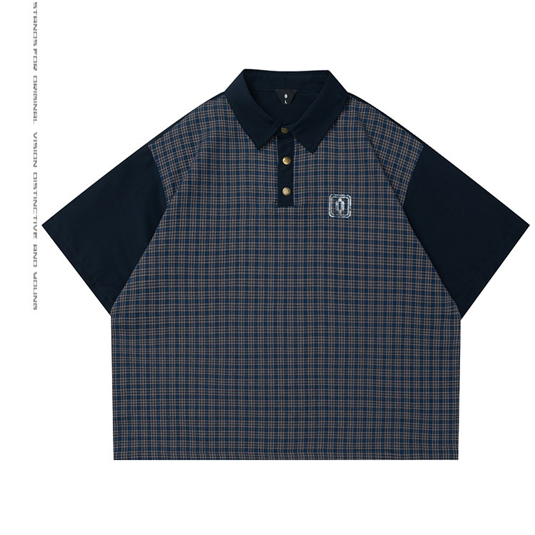 OVDY原创设计拼接格子短袖t恤男女美式复古字母印花宽松Polo衫潮