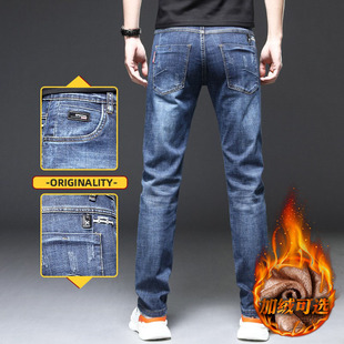 蓝色修身 男士 冬季 秋冬新款 裤 男弹力休闲直筒男裤 男装 子 加绒牛仔裤