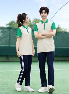 小学生新款校服夏季拼接短袖T恤初中生班服高中生红色纯棉两件套