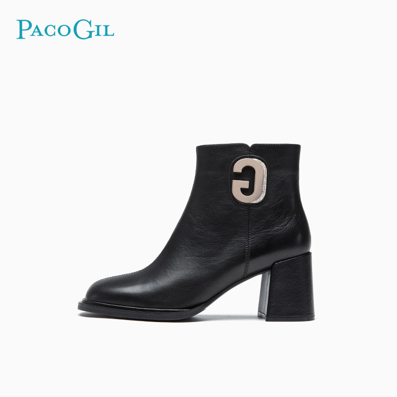 PACO GIL女鞋时尚粗跟短靴女冬季新款真皮圆头高跟瘦瘦靴时装靴