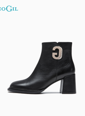 PACO GIL女鞋时尚粗跟短靴女冬季新款真皮圆头高跟瘦瘦靴时装靴