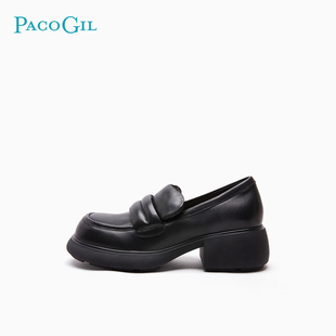 PACO GIL女鞋时髦标签鞋春季新款英伦厚底水台黑色圆头粗跟乐福鞋