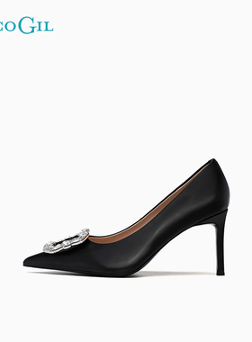 PACO GIL女鞋秋冬新款职业鞋优雅金属水钻尖头细跟单鞋高跟鞋女