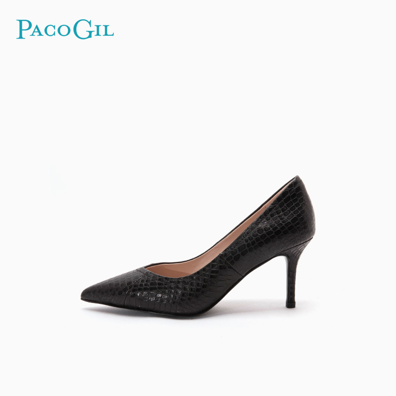 PACO GIL女鞋尖头真皮单鞋女秋冬季新款浅口石头压纹高跟婚鞋皮鞋