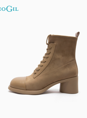 PACO GIL女鞋2024年秋冬新款黑色厚底粗高跟马丁靴英伦风靴子短靴