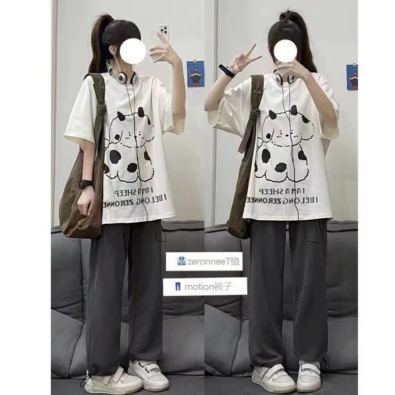 港风短袖T恤套装女学生夏季新款休闲阔腿长裤宽松运动两件套ins潮
