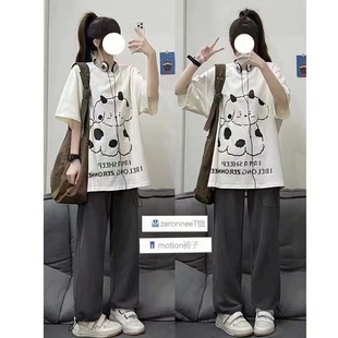 港风短袖T恤套装女学生夏季新款休闲阔腿长裤宽松运动两件套ins潮