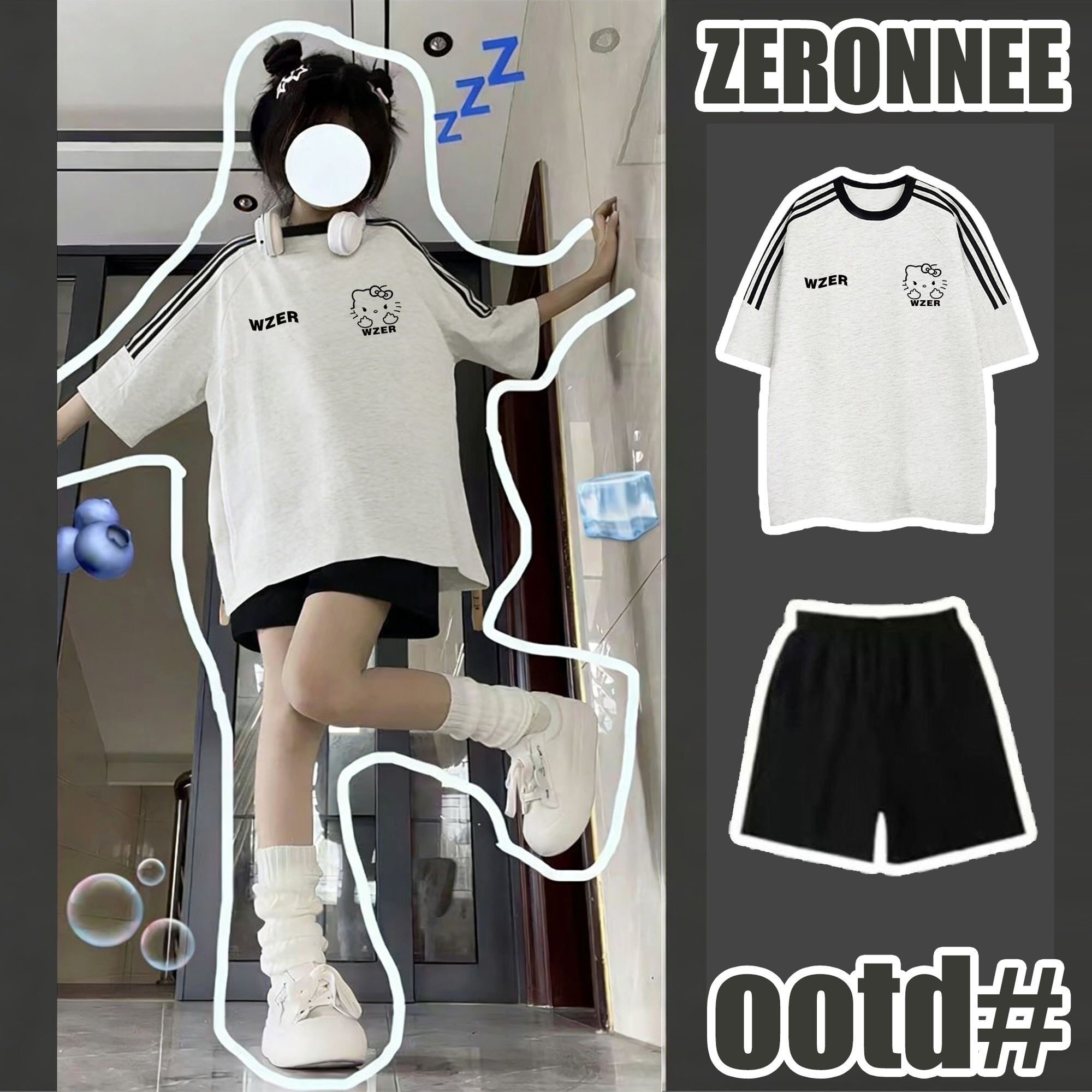 夏日韩系穿搭一整套休闲运动套装女学生三条杠灰色T恤短裤两件套