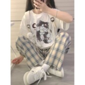 T恤格子阔腿裤 休闲运动套装 小清新短袖 韩版 少女减龄两件套 女夏季