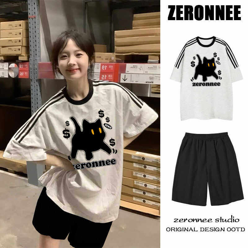 休闲运动服套装女夏季2024新款短袖T恤短裤小个子学生跑步两件套