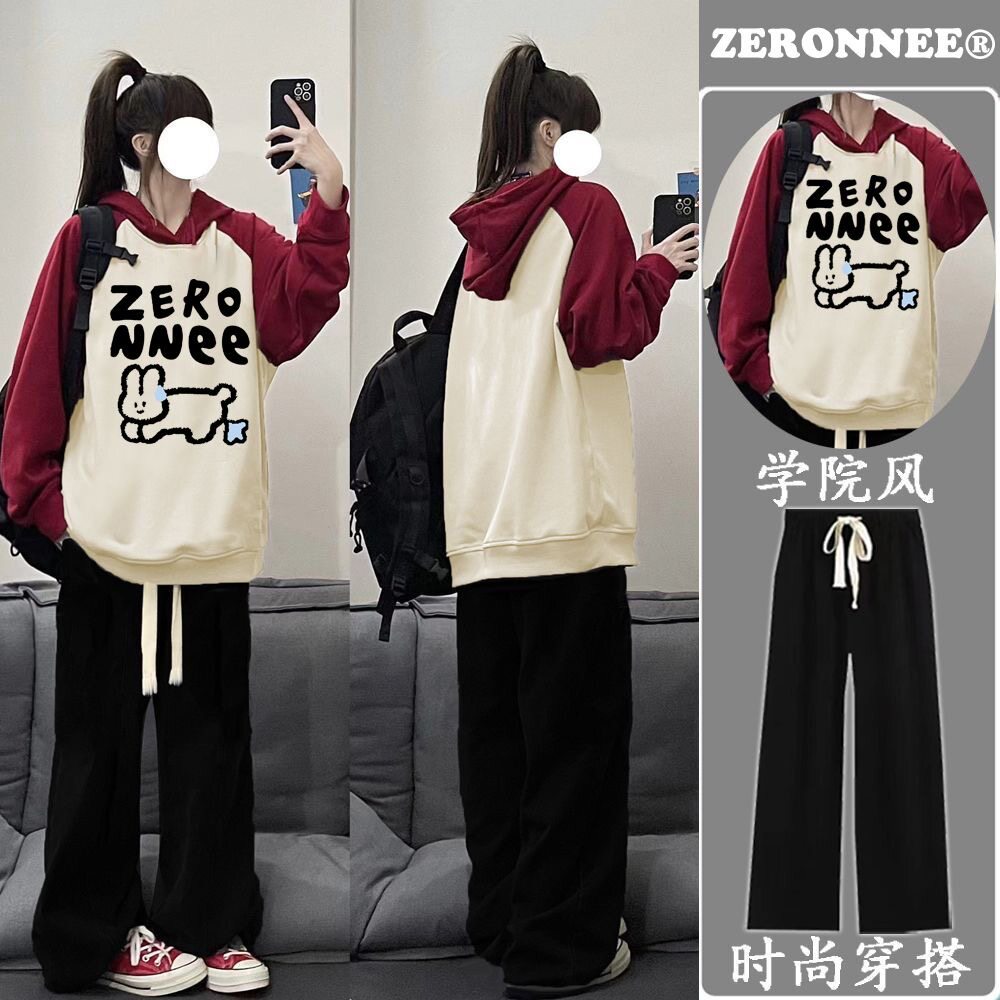 初中生秋冬季套装女2024新款学院风宽松加绒连帽卫衣阔腿裤两件套