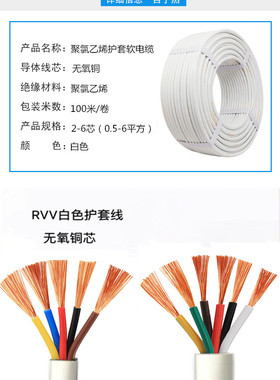 大唐曙光RVV白色护套线2 3 4芯2x0.5/0.75/1.0/1.5/2.5/电线100米
