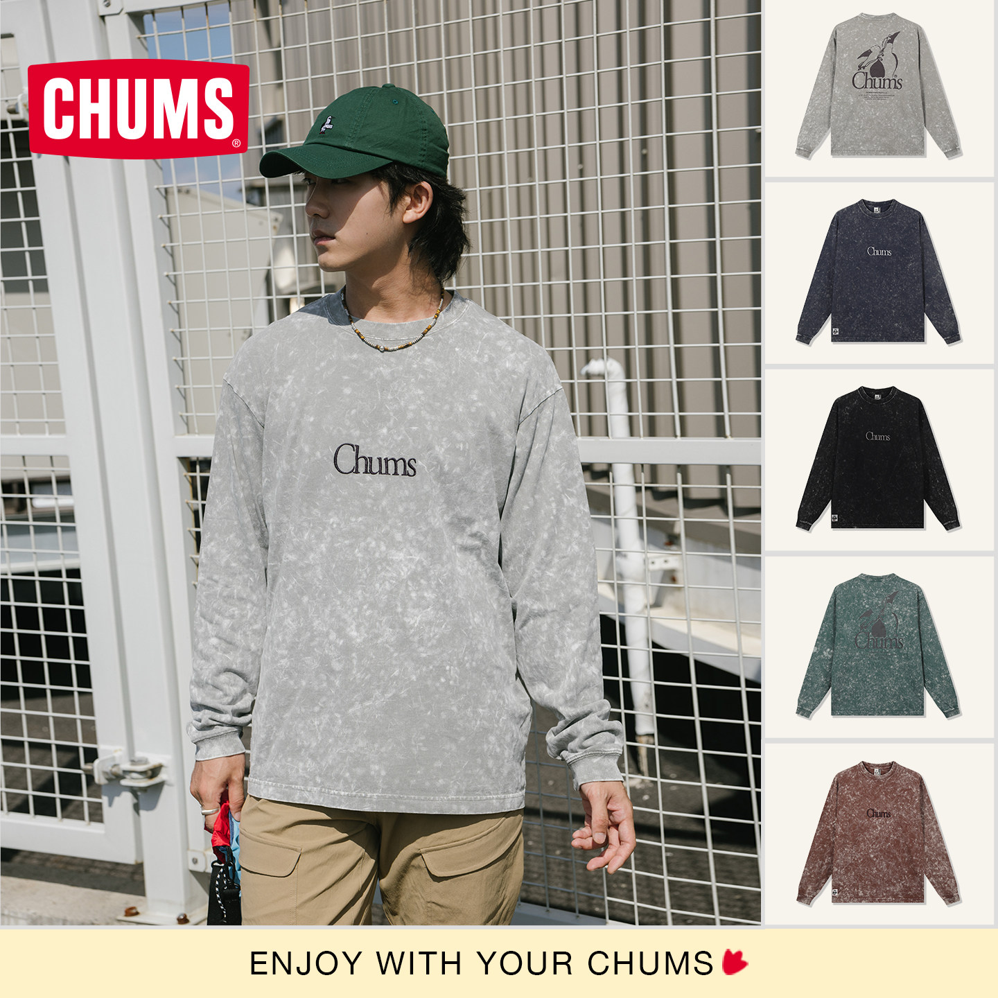 CHUMS洽洽鸟户外运动休闲长袖T恤复古做旧系列上衣男女春秋新款