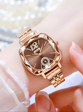 拉宝丽抖音同款轻奢独立秒盘方形女士腕表镶钻手表百搭款