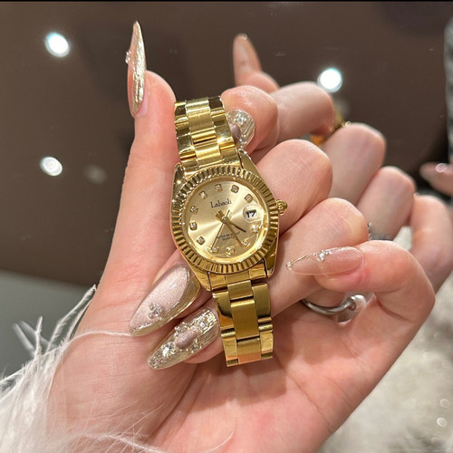 拉宝丽快手同款时尚小金表个性设计感气质钢带手表防水石英女表