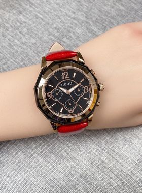古欧GUOU大表盘多功能简约气质韩版时尚潮流复古真皮女士石英腕表