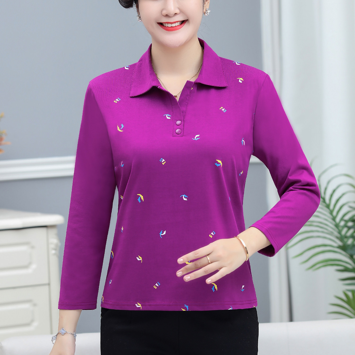 秋装新款女装翻领长袖T恤中年妈中老年女装