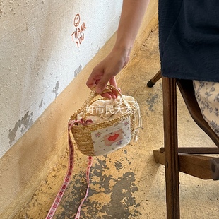 大发试验站 自制碎花布料草编包夏日清凉度假沙滩编制百搭斜挎包