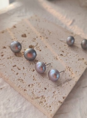 真多麻灰色淡水珍珠耳钉s925通体5A天然淡水珍珠