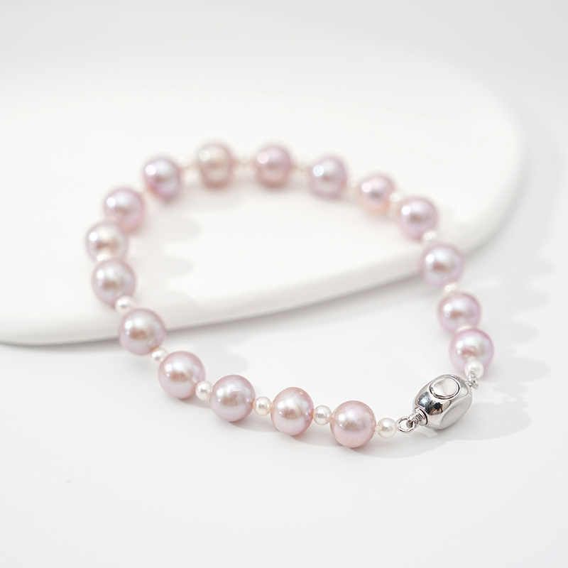 天然淡水紫色珍珠925纯银手链