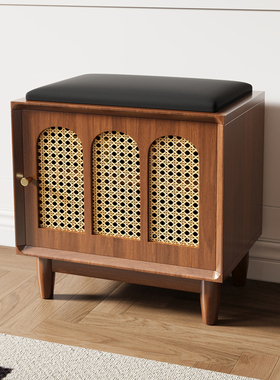 中古藤编入户换鞋凳复古家用门口鞋柜一体坐凳小户型可坐穿鞋凳