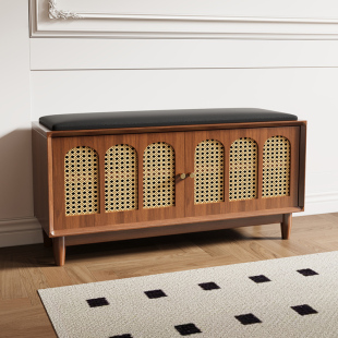 换鞋凳可坐矮鞋柜一体家用门口翻盖储物穿鞋凳复古藤编实木中古风