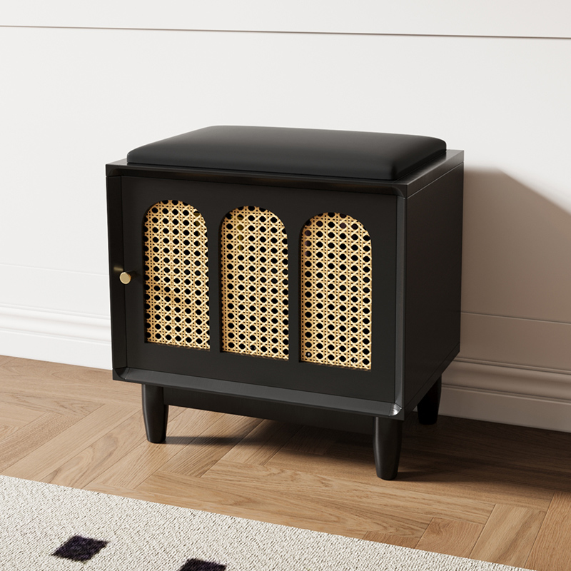 中古风实木换鞋凳家用门口复古藤编储物穿鞋凳入户门厅可坐鞋柜