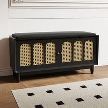 换鞋凳实木腿家用入户门口可坐鞋柜收纳黑色藤编轻奢高级感穿鞋凳