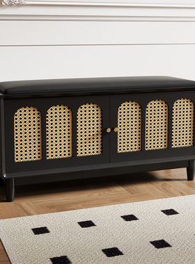 换鞋凳实木腿家用入户门口可坐鞋柜收纳黑色藤编轻奢高级感穿鞋凳